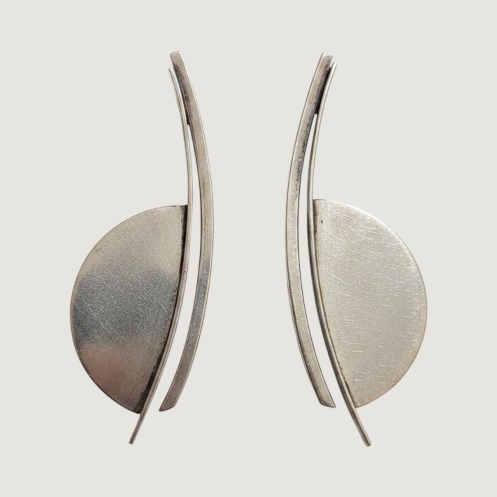 Vintage MCM Atomic Geometric Earrings Silver Tone Handcrafted Modernist Abstract